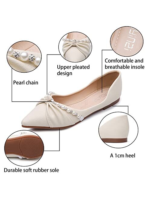 DUWEIDU Women's Pearls Flats Pointed Fashion Wedding Dress Flats Comfortable Slip on Ballet Flats
