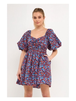 Women's Bright Floral Ruched Poplin Mini Dress