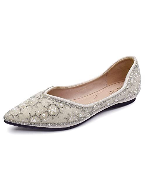 ZQKSEOHS Women's Flats Pointed Toe Pearl Low Heel Dress Wedding Flats Comfortable Soft Memory Foam Insole Flats Shoes Women