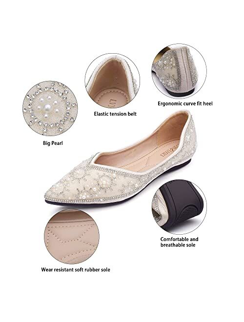 ZQKSEOHS Women's Flats Pointed Toe Pearl Low Heel Dress Wedding Flats Comfortable Soft Memory Foam Insole Flats Shoes Women