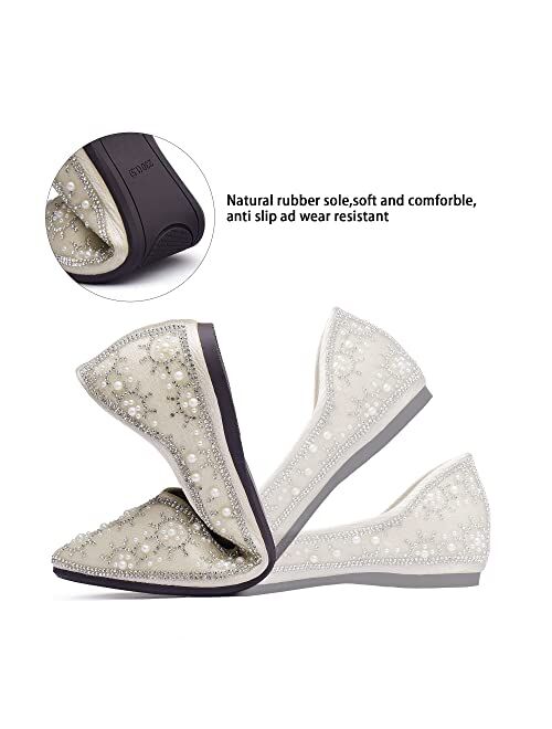 ZQKSEOHS Women's Flats Pointed Toe Pearl Low Heel Dress Wedding Flats Comfortable Soft Memory Foam Insole Flats Shoes Women