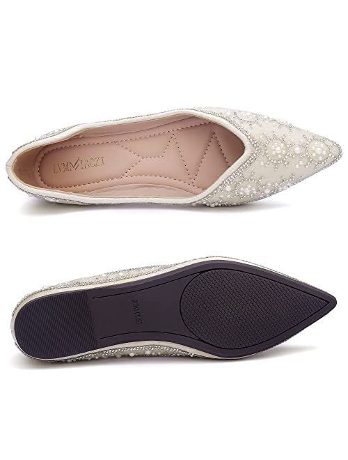 ZQKSEOHS Women's Flats Pointed Toe Pearl Low Heel Dress Wedding Flats Comfortable Soft Memory Foam Insole Flats Shoes Women