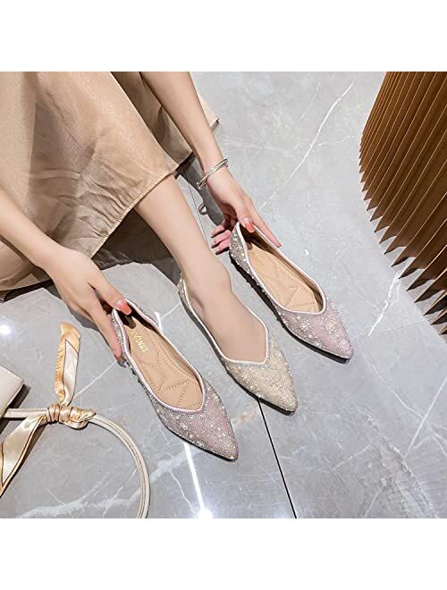 ZQKSEOHS Women's Flats Pointed Toe Pearl Low Heel Dress Wedding Flats Comfortable Soft Memory Foam Insole Flats Shoes Women