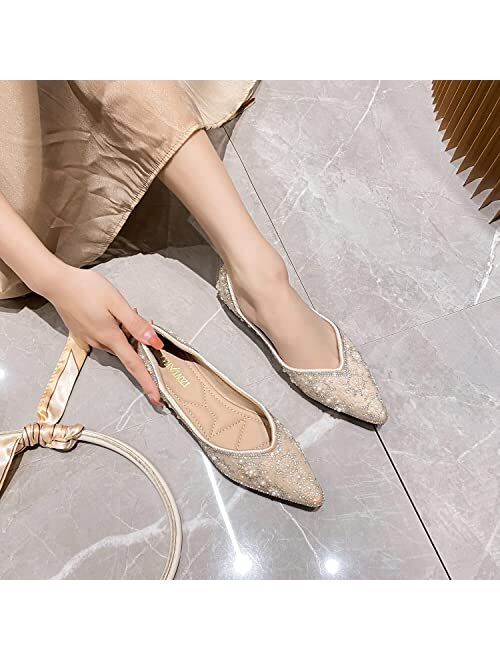 ZQKSEOHS Women's Flats Pointed Toe Pearl Low Heel Dress Wedding Flats Comfortable Soft Memory Foam Insole Flats Shoes Women
