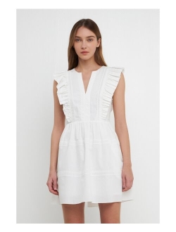 Women's Lace Trimmed V Placketed Ruffled Mini Dress