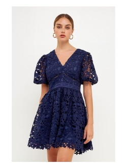 Women's Crochet Lace Puff Sleeve Mini Dress