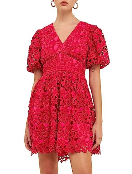 endless rose Women's Crochet Lace Puff Sleeve Mini Dress
