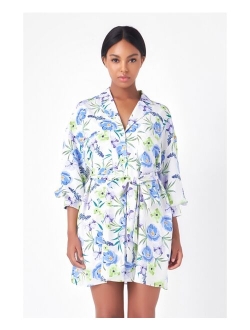 Women's Floral Print Belted Collared Dress