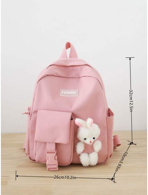 Shein Girls Fuzzy Cartoon Rabbit & Letter Patch Decor Zipper Cute Functional Backpack