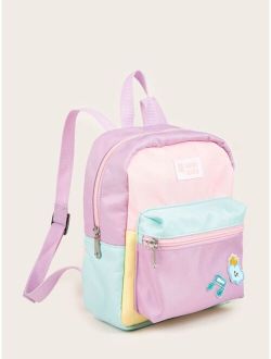 Shein Girls Colorblock Classic Backpack Cartoon & Letter Patches Decor