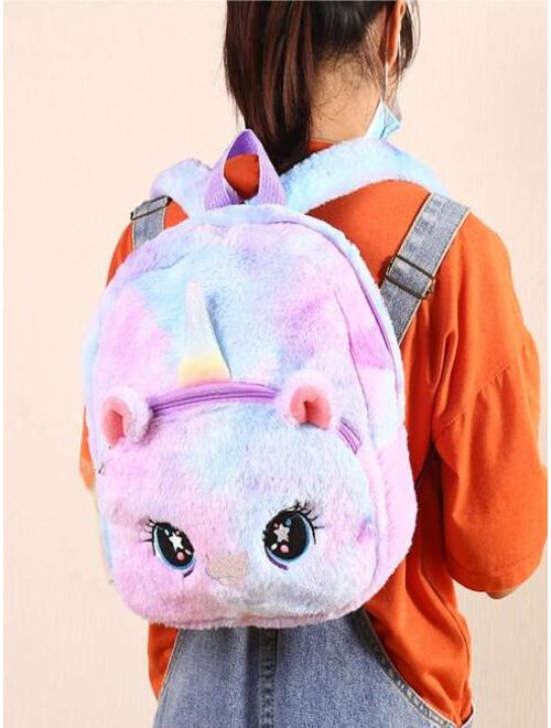 Shein Girls Random Tie Dye Cartoon Unicorn Design Flannelette Zipper Cute Classic Backpack