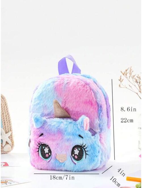 Shein Girls Random Tie Dye Cartoon Unicorn Design Flannelette Zipper Cute Classic Backpack