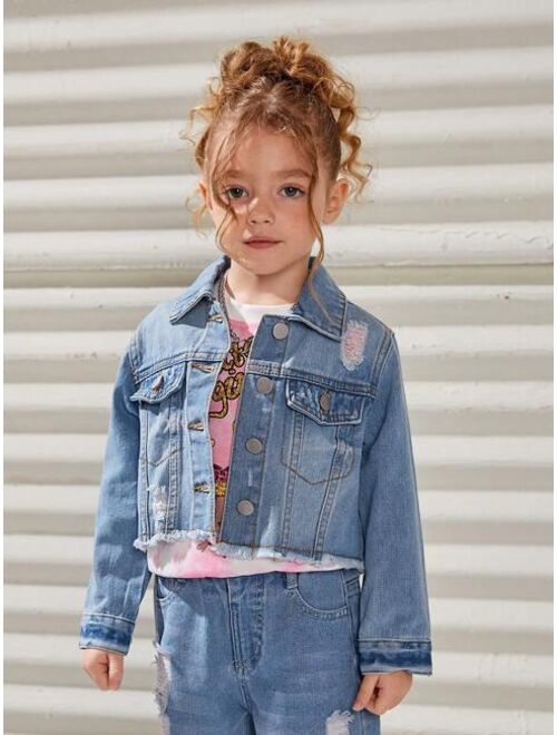 Shein Young Girl Ripped Raw Hem Denim Jacket Without Tee