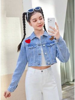 Teen Girl Heart Embroidery Flap Detail Denim Jacket