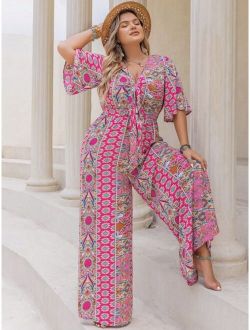 Rusttydustty Plus Allover Print Knot Front Wide Leg Jumpsuit