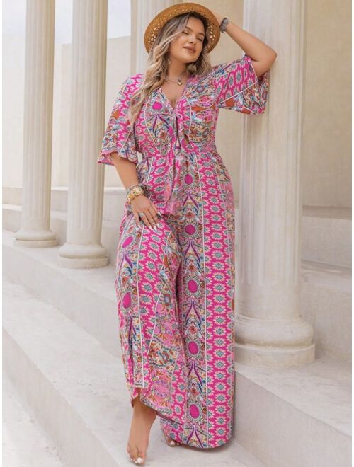 Rusttydustty Plus Allover Print Knot Front Wide Leg Jumpsuit
