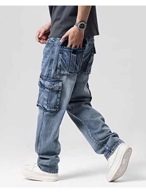 Idopy Men`s Loose Fit Motorcycle Multi-Pockets Workwear Denim Cargo Jeans Plus Size