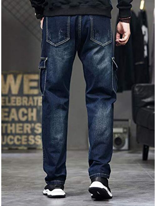 Idopy Men`s Cargo Jeans Regular Stretchy Motorcycle Distressed Denim Pants