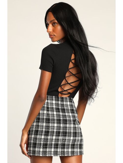 Lulus Sweet Enough for Me Black Plaid Tweed Mini Skirt