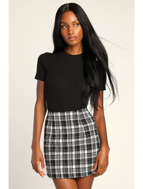 Lulus Sweet Enough for Me Black Plaid Tweed Mini Skirt