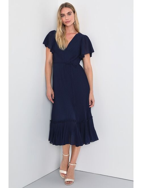 Lulus Charming Romantic Navy Blue Pleated Flutter Sleeve Midi Dress