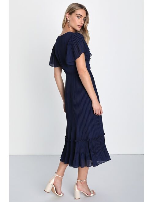 Lulus Charming Romantic Navy Blue Pleated Flutter Sleeve Midi Dress