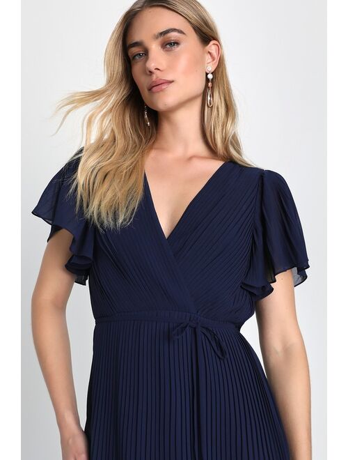 Lulus Charming Romantic Navy Blue Pleated Flutter Sleeve Midi Dress