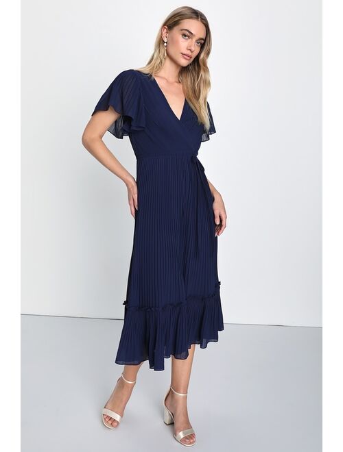 Lulus Charming Romantic Navy Blue Pleated Flutter Sleeve Midi Dress