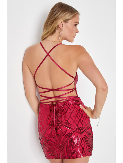 Lulus Undeniably Amazing Berry Red Sequin Lace-Up Homecoming Mini Dress