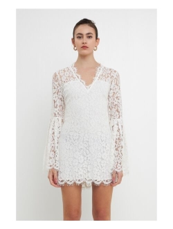 Women's Bell Sleeves V Neck Lace Dress