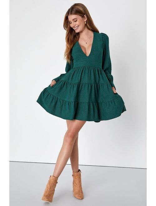 Lulus All About Autumn Emerald Green Corduroy Mini Dress With Pockets