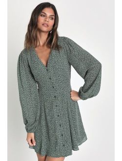 Exceptional Charisma Green Dot Print Long Sleeve Mini Dress