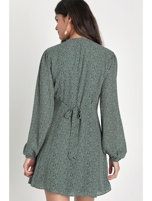 Lulus Exceptional Charisma Green Dot Print Long Sleeve Mini Dress