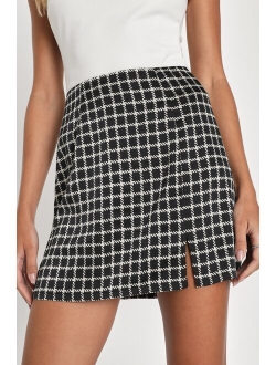 Uptown Energy Black and White Plaid Satin Mini Skirt