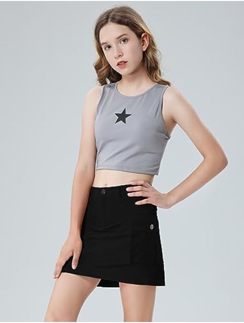 Mebius Girls Cargo Skirt Cotton Elastic High Waist A-Line Short Mini Skirt with Pockets for School Casual 8-14Y