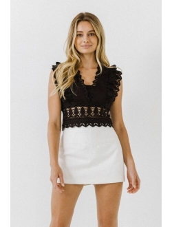 Women's Plunging Neck Lace Trim Top