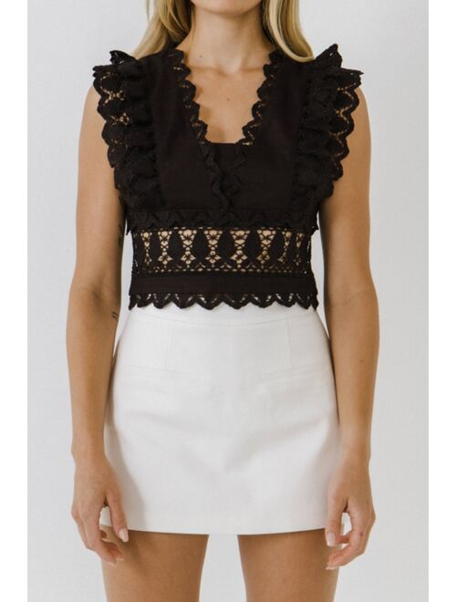 ENDLESS ROSE Women's Plunging Neck Lace Trim Top