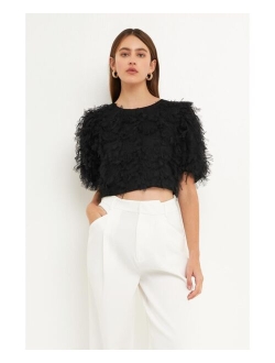 Women's Gridded Mesh Feathered Cropped Top