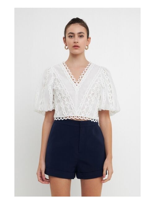 ENDLESS ROSE Women's Laced V-Neck Puff Sleeve Top