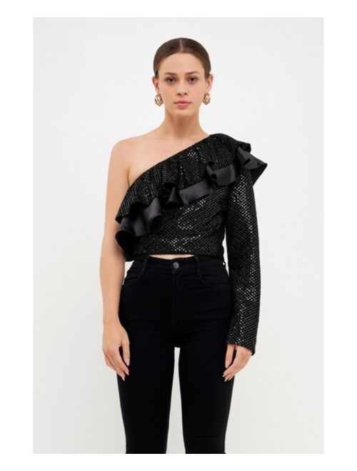 ENDLESS ROSE Women's Satin Contrast Velvet One Shoulder Top