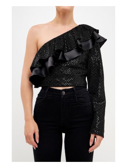 ENDLESS ROSE Women's Satin Contrast Velvet One Shoulder Top