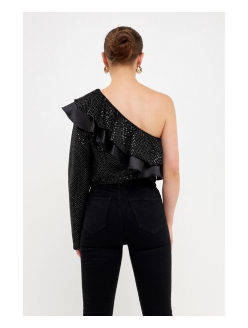 ENDLESS ROSE Women's Satin Contrast Velvet One Shoulder Top