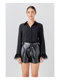 Women's Feather Trimmed Fitted Blouse Top