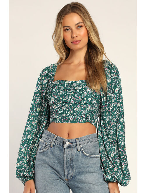 Lulus Blissfully Botanical Green Floral Print Ruched Long Sleeve Top