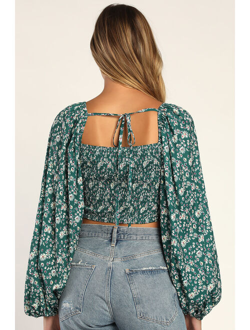 Lulus Blissfully Botanical Green Floral Print Ruched Long Sleeve Top