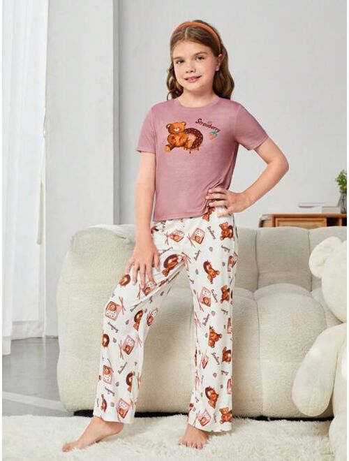 SHEIN Tween Girl Cartoon Graphic Tee & Pants PJ Set