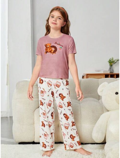 SHEIN Tween Girl Cartoon Graphic Tee & Pants PJ Set