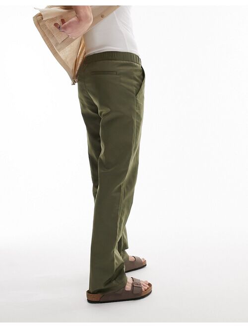 Topman relaxed nylon pants with elasticated waist in khaki