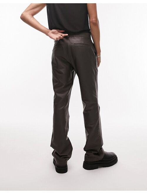 Topman straight flare faux leather pants in brown