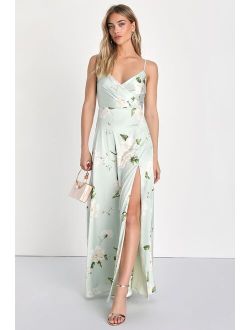 Radiant Occasion Light Green Floral Satin A-Line Maxi Dress